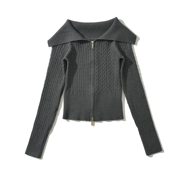 Damer elegant cardigan i kabelstickad design med oversize krage Mirla-Eva Jonsson