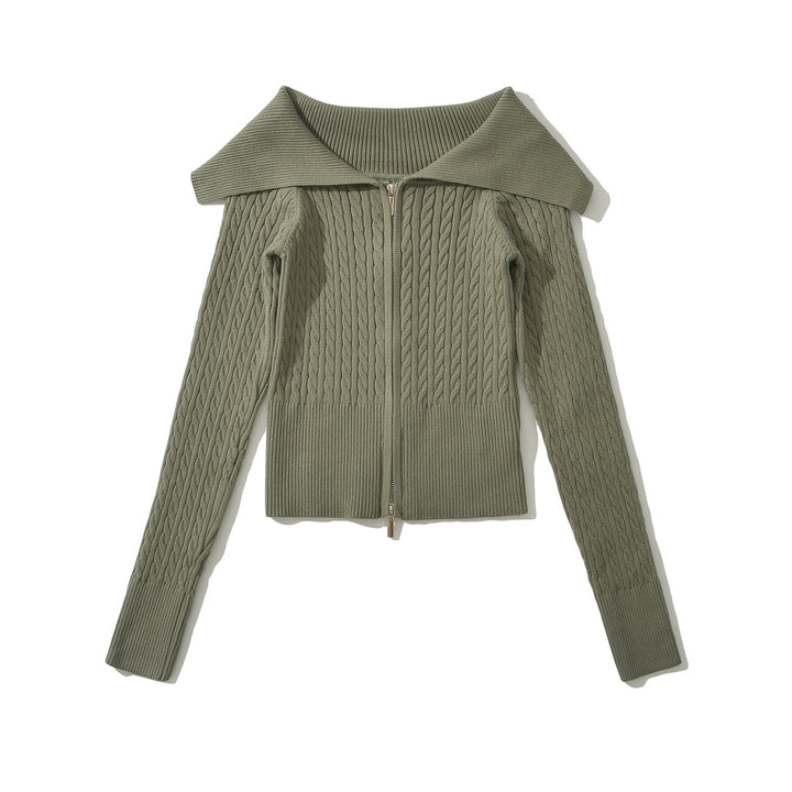 Damer elegant cardigan i kabelstickad design med oversize krage Mirla-Eva Jonsson