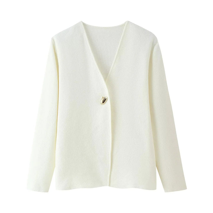Damer elegant cardigan med V-urringning och dekorativ knap Mirla-Eva Jonsson