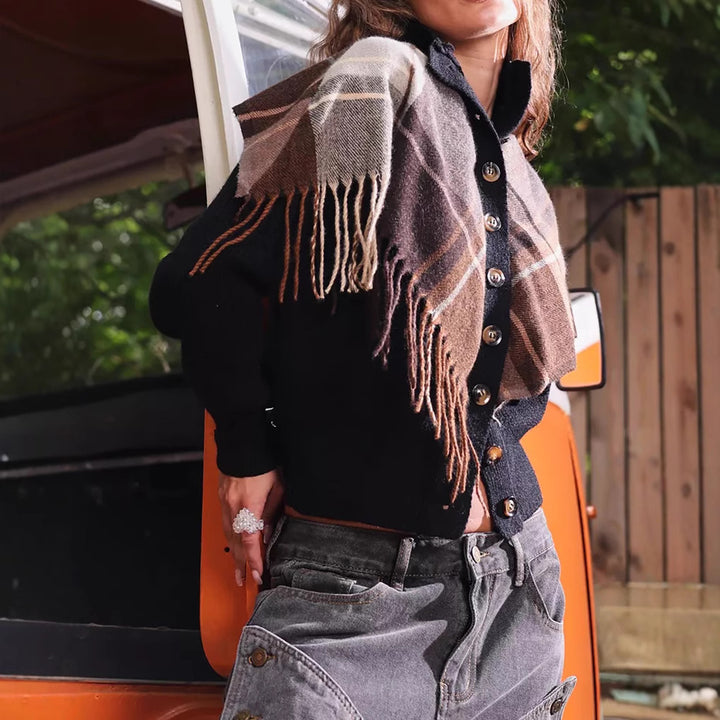 Damer elegant cardigan med fransar och dekorativa knappar Eva Jonsson-Eva Jonsson