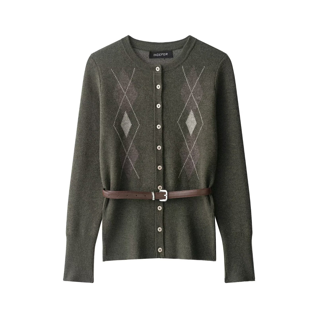 Damer elegant cardigan med stiliga rombdetaljer och figursydd bälte Mirla-Eva Jonsson