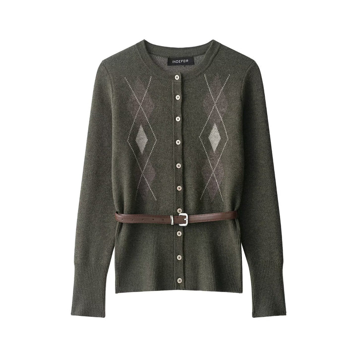 Damer elegant cardigan med stiliga rombdetaljer och figursydd bälte Mirla-Eva Jonsson