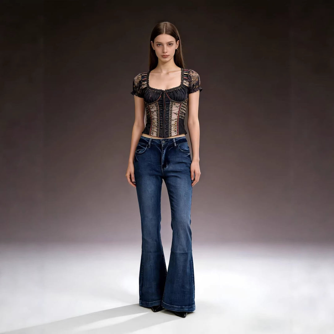Damer elegant cropped topp med puffärmar och vintage broderi Mirla-Eva Jonsson