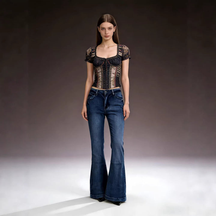 Damer elegant cropped topp med puffärmar och vintage broderi Mirla-Eva Jonsson