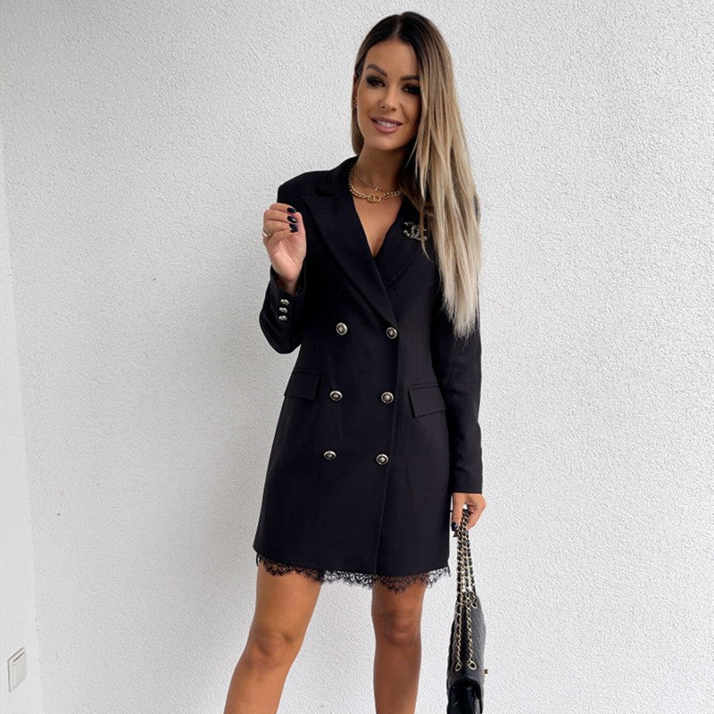 Damer elegant dubbelknä blazer med spetsdetalj Mirla-Eva Jonsson