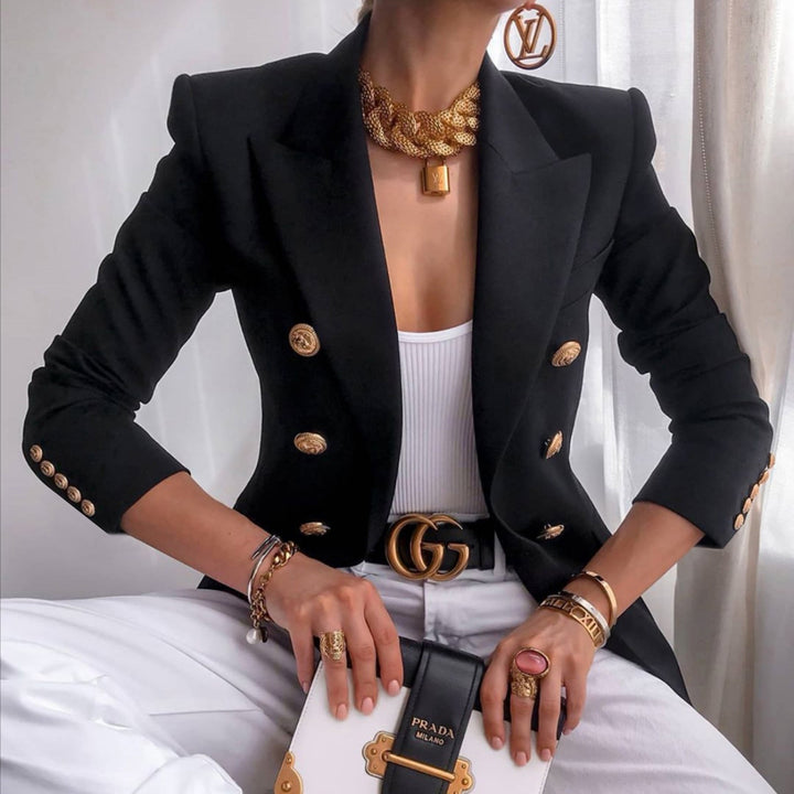 Damer elegant dubbelknäppt blazer med gyllene knappar Mirla-Eva Jonsson