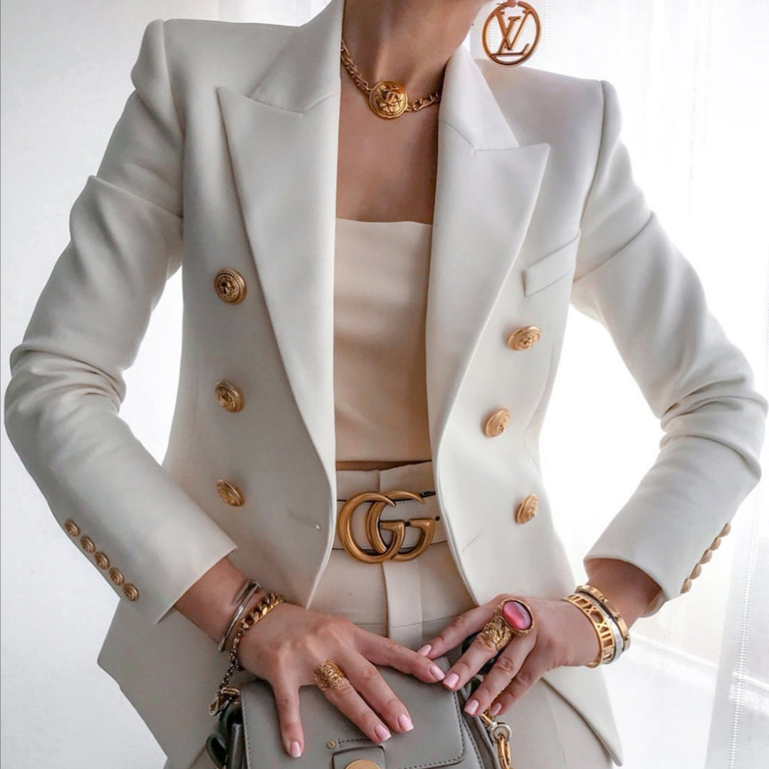 Damer elegant dubbelknäppt blazer med gyllene knappar Mirla-Eva Jonsson