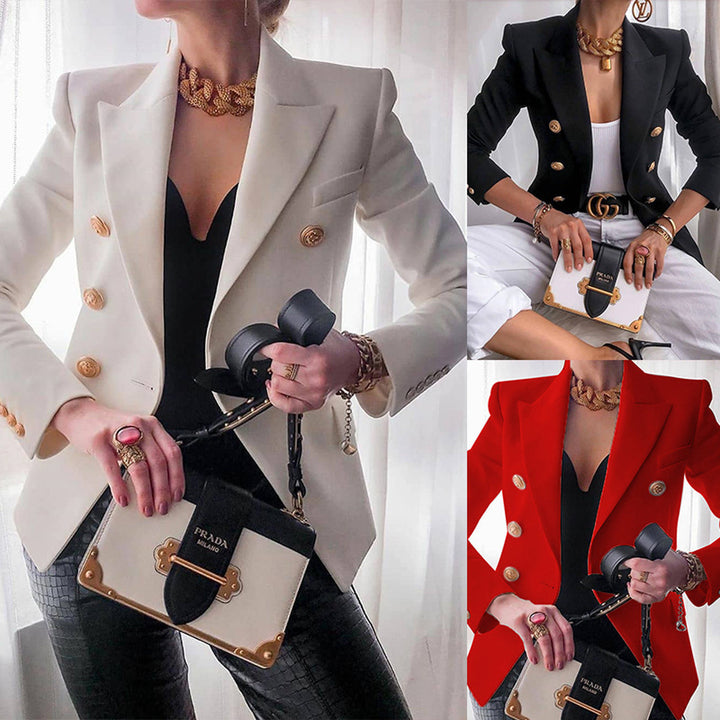 Damer elegant dubbelknäppt blazer med gyllene knappar Mirla-Eva Jonsson