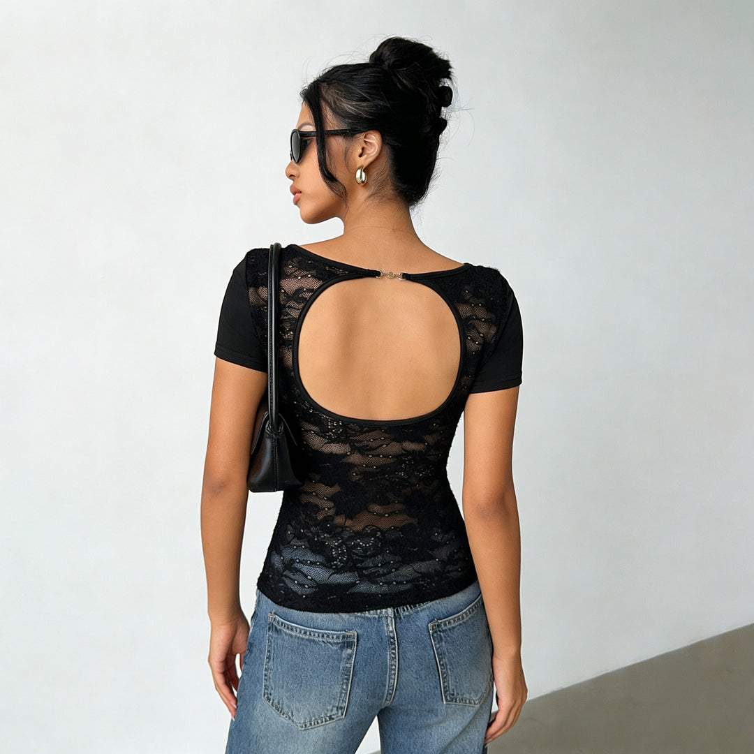 Damer elegant figurnära T-shirt med stängd ryggutskärning Mirla-Eva Jonsson