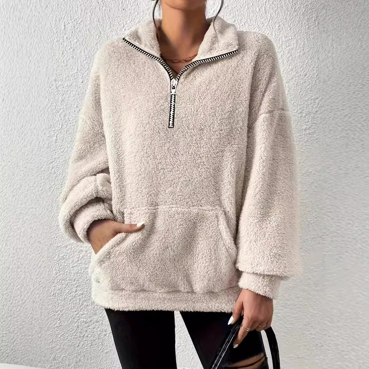 Damer elegant fleece-tröja med hög krage och fickor Mirla-Eva Jonsson