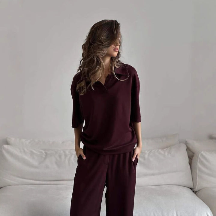 Damer elegant fritids-loungewear-set med lös passform och krage Mirla-Eva Jonsson