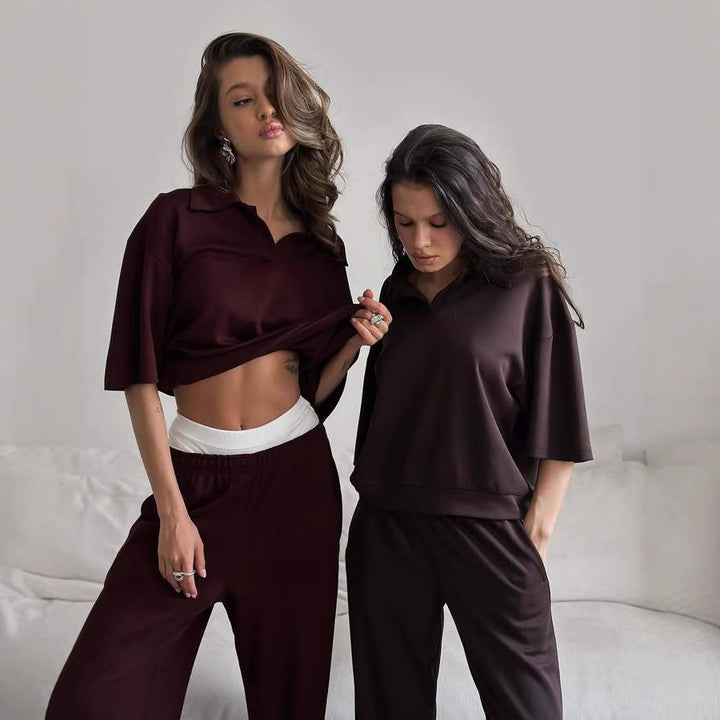Damer elegant fritids-loungewear-set med lös passform och krage Mirla-Eva Jonsson