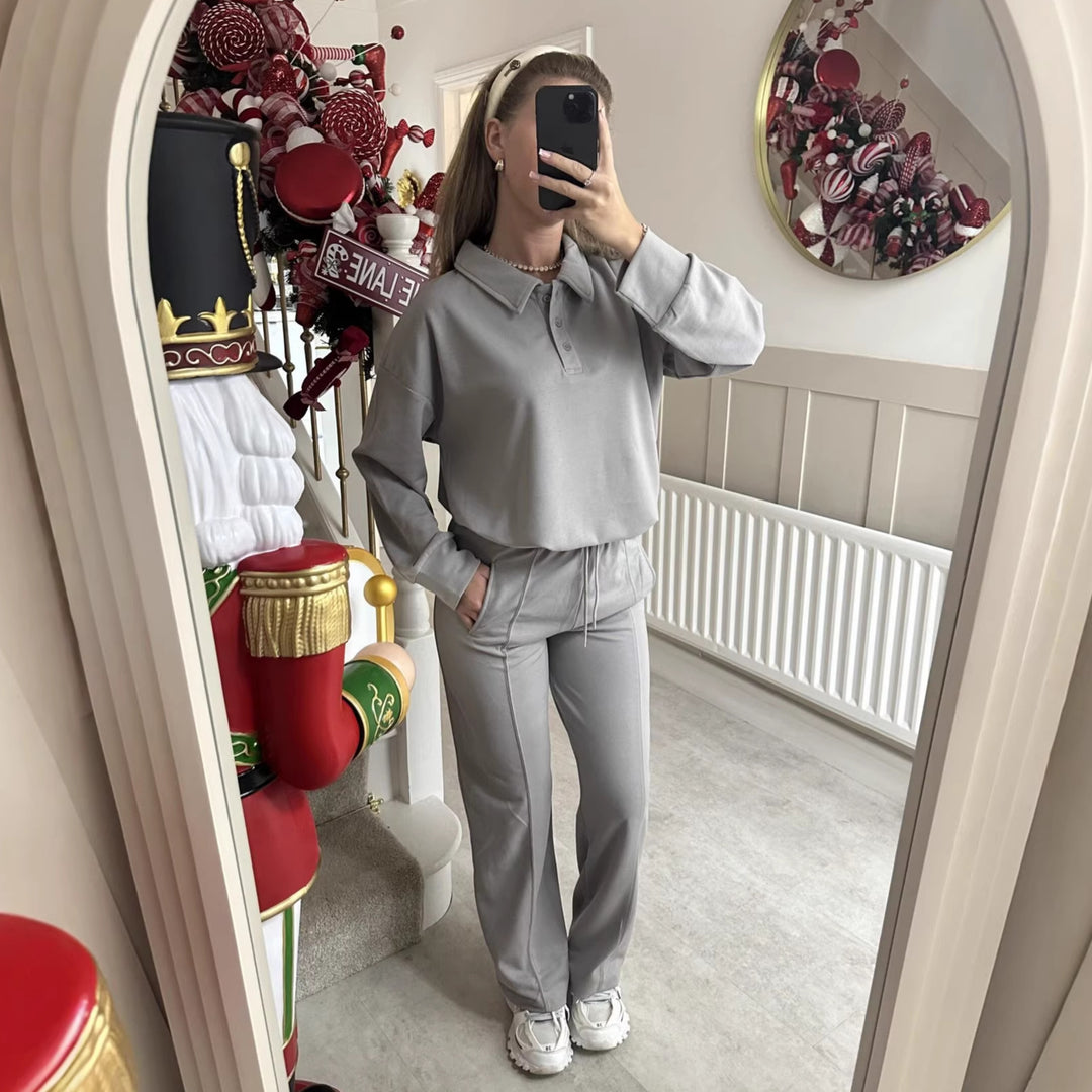 Damer elegant fritidsdräkt med hög krage och vida byxor-Eva Jonsson