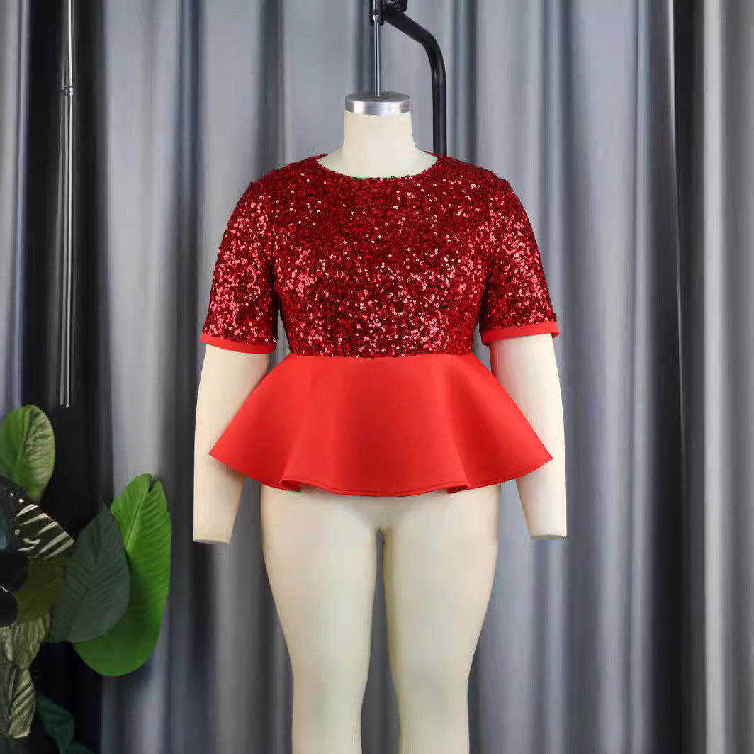 Damer elegant glittrande topp med svängande peplum Mirla-Eva Jonsson