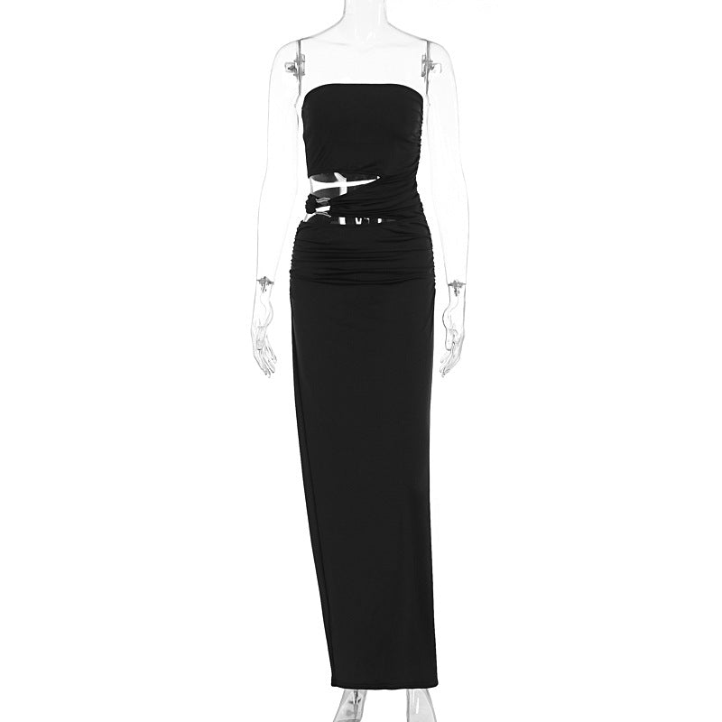 Damer elegant golvlång klänning med rynkat design och justerbart bälte Mirla-Eva Jonsson