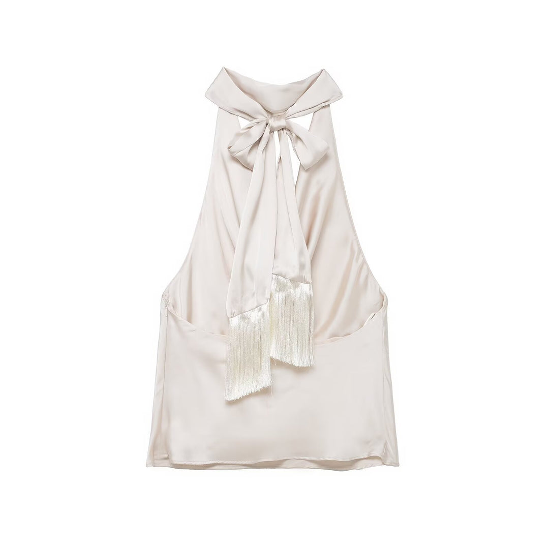 Damer elegant halternecktop i flytande satin med dekorativ ryggöppning Mirla-Eva Jonsson