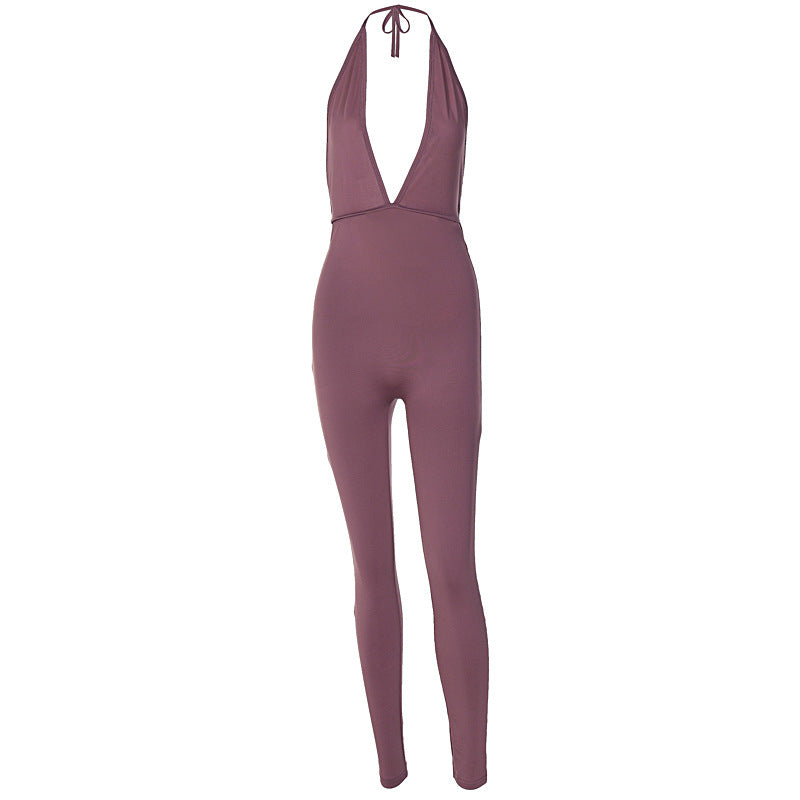 Damer elegant jersey jumpsuit med djup urringning och knytband Mirla-Eva Jonsson