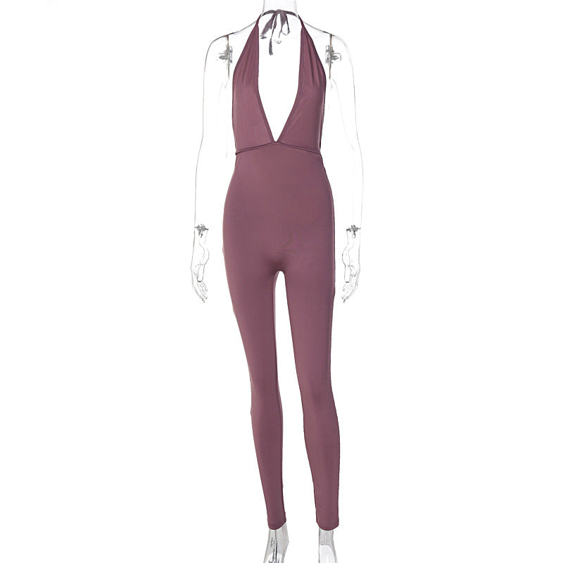 Damer elegant jersey jumpsuit med djup urringning och knytband Mirla-Eva Jonsson
