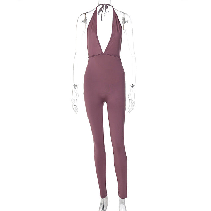 Damer elegant jersey jumpsuit med djup urringning och knytband Mirla-Eva Jonsson