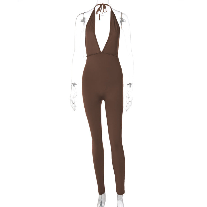 Damer elegant jersey jumpsuit med djup urringning och knytband Mirla-Eva Jonsson