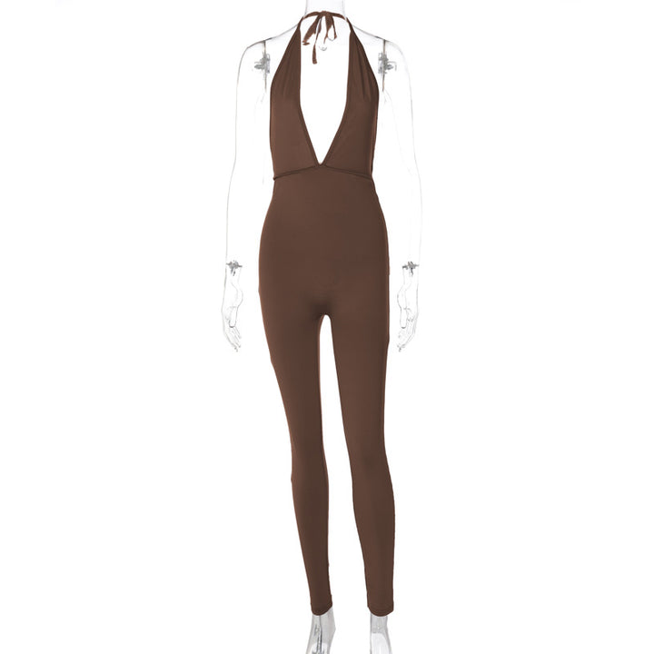 Damer elegant jersey jumpsuit med djup urringning och knytband Mirla-Eva Jonsson