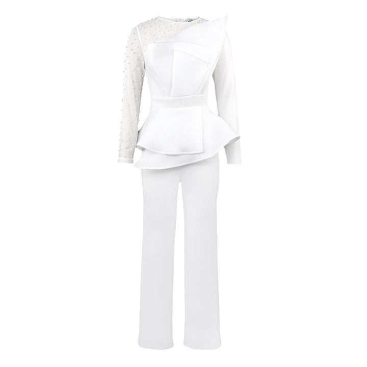Damer elegant jumpsuit med asymmetrisk överdel och raffinerad volangdesign Mirla-Eva Jonsson