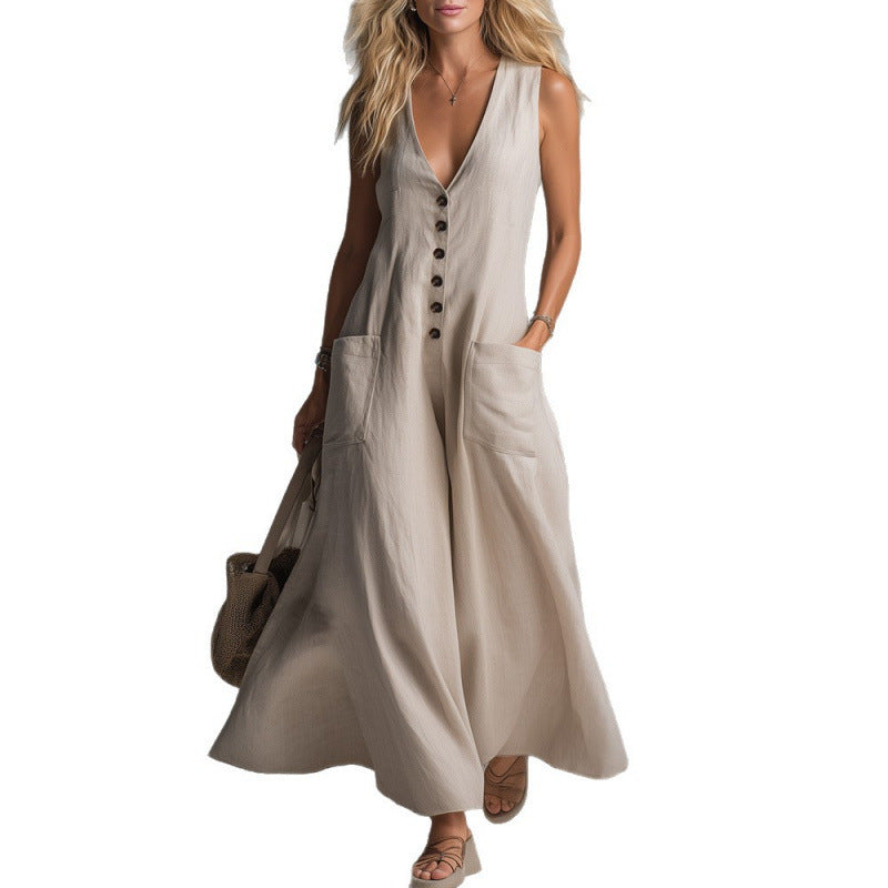 Damer elegant jumpsuit med djup V-ringning och praktiska fickor Mirla-Eva Jonsson