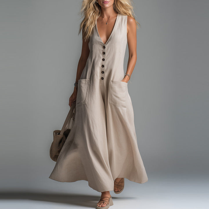 Damer elegant jumpsuit med djup V-ringning och praktiska fickor Mirla-Eva Jonsson