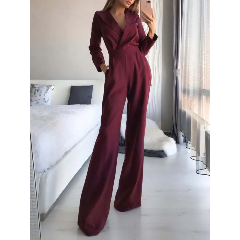 Damer elegant jumpsuit med lång ben och klassisk skådespelarkrage Mirla-Eva Jonsson