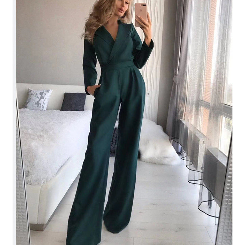 Damer elegant jumpsuit med lång ben och klassisk skådespelarkrage Mirla-Eva Jonsson