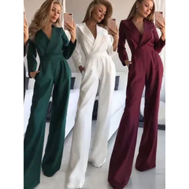 Damer elegant jumpsuit med lång ben och klassisk skådespelarkrage Mirla-Eva Jonsson