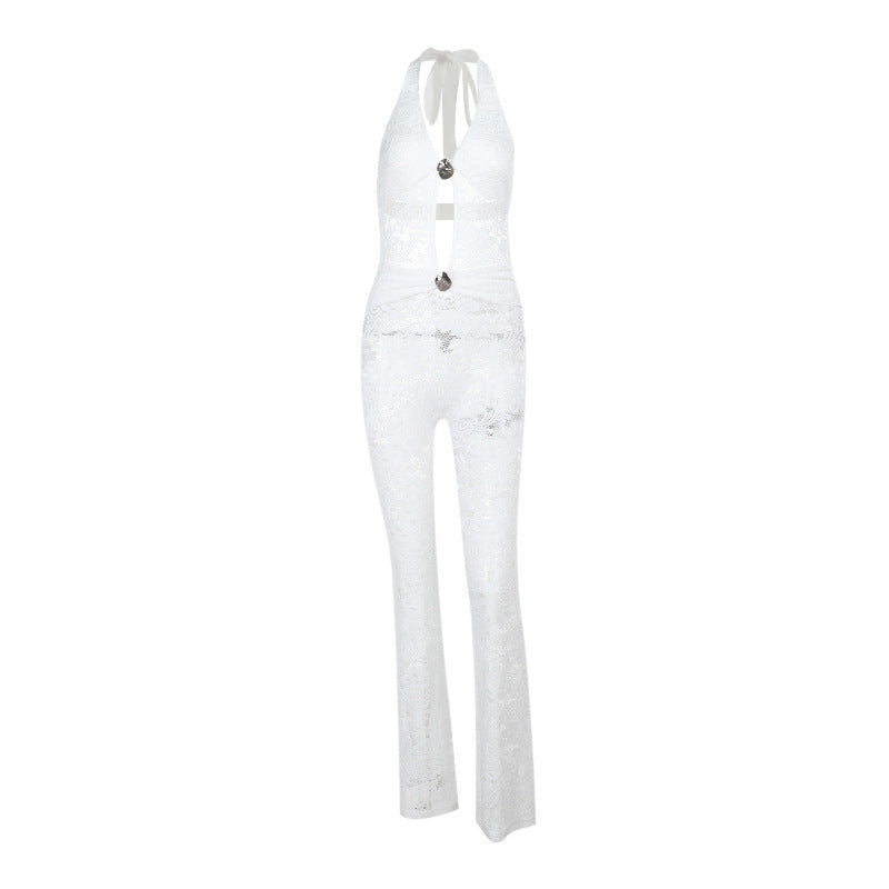 Damer elegant jumpsuit med snygg snörning och transparent lace-design Mirla-Eva Jonsson