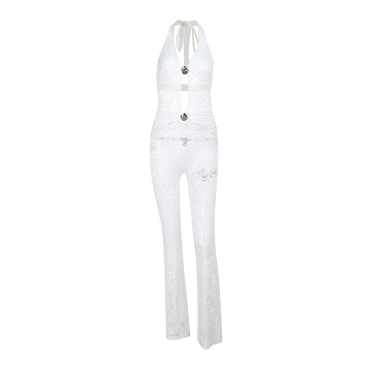 Damer elegant jumpsuit med snygg snörning och transparent lace-design Mirla-Eva Jonsson
