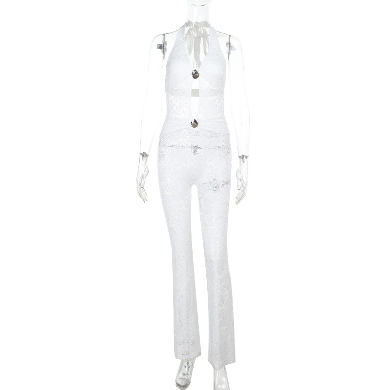 Damer elegant jumpsuit med snygg snörning och transparent lace-design Mirla-Eva Jonsson