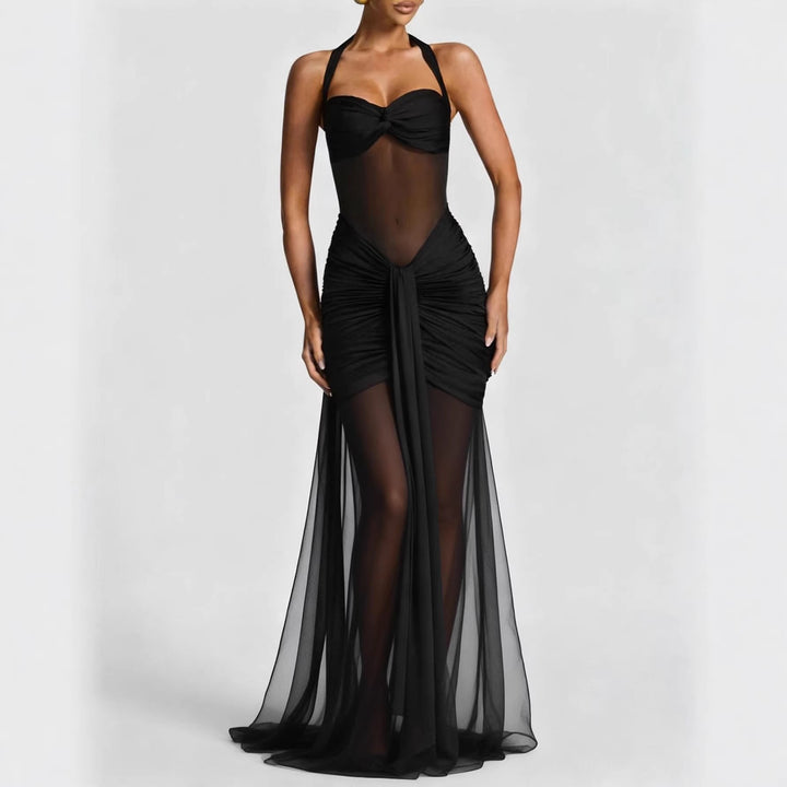 Damer elegant klänning i bodycon-stil med raffinerad mesh-inlägg Mirla-Eva Jonsson