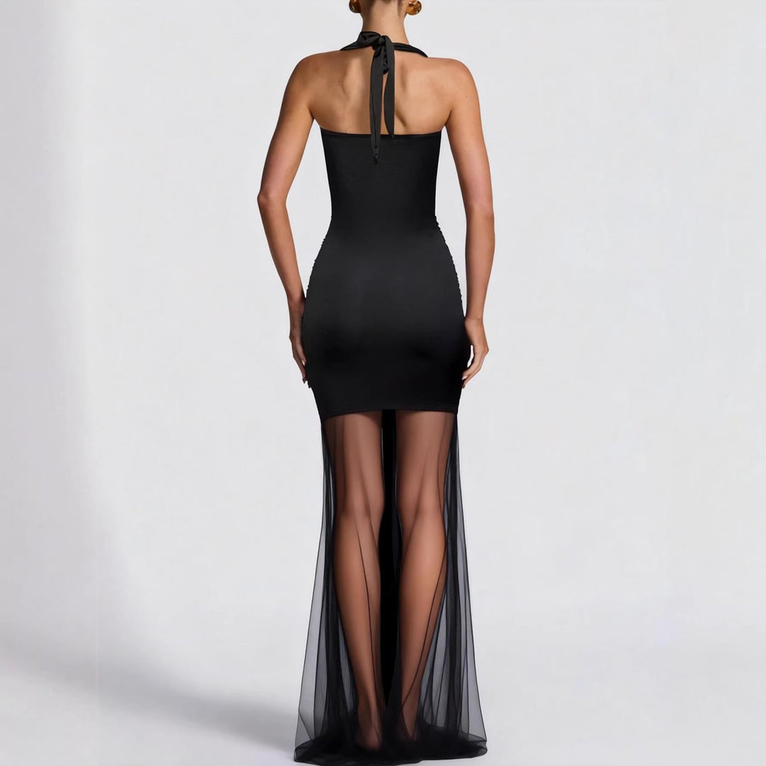 Damer elegant klänning i bodycon-stil med raffinerad mesh-inlägg Mirla-Eva Jonsson