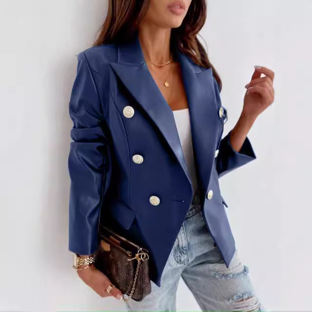 Damer elegant konstläder blazer med dubbel knapprad Eva Jonsson-Eva Jonsson