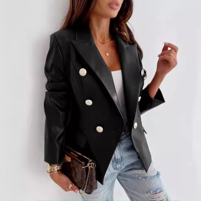 Damer elegant konstläder blazer med dubbel knapprad Eva Jonsson-Eva Jonsson