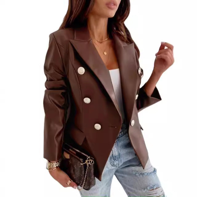 Damer elegant konstläder blazer med dubbel knapprad Eva Jonsson-Eva Jonsson