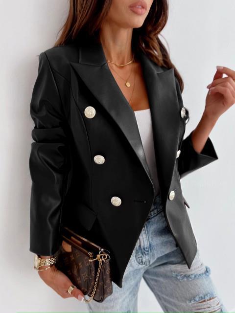 Damer elegant konstläder blazer med dubbel knapprad Eva Jonsson-Eva Jonsson