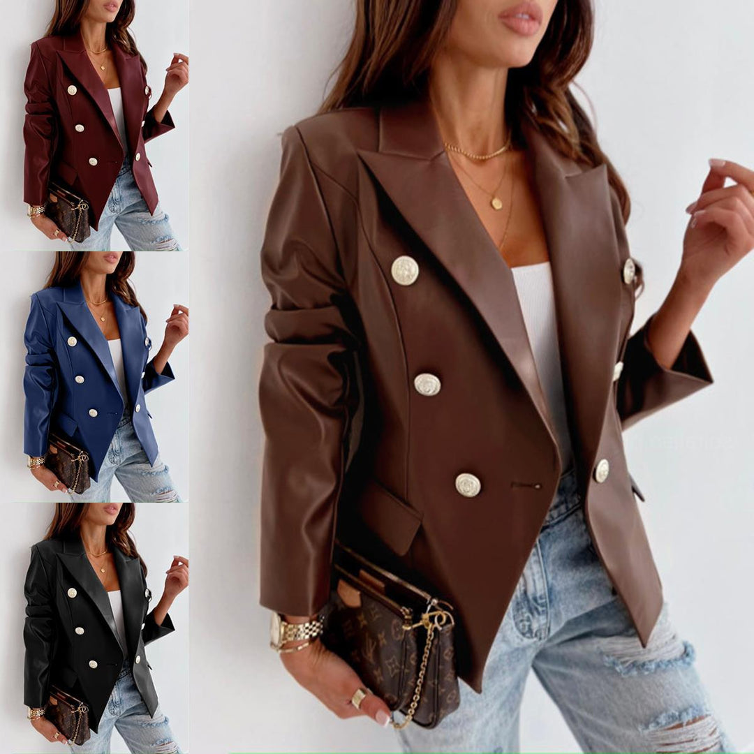 Damer elegant konstläder blazer med dubbel knapprad Eva Jonsson-Eva Jonsson