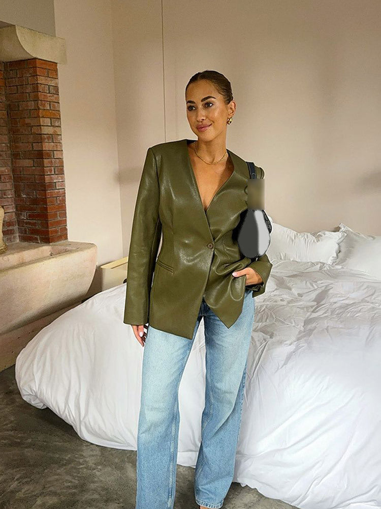 Damer elegant konstläderblazer med figursydd skärning Eva Jonsson-Eva Jonsson