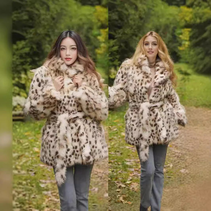 Damer elegant konstpälsjacka med bälte och leopardmönster Mirla-Eva Jonsson