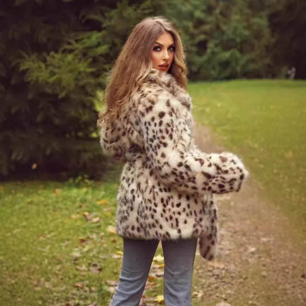 Damer elegant konstpälsjacka med bälte och leopardmönster Mirla-Eva Jonsson