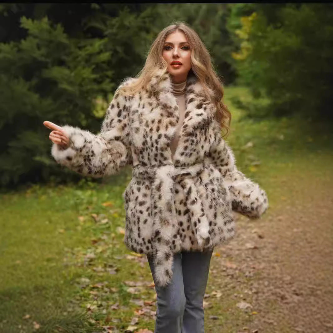 Damer elegant konstpälsjacka med bälte och leopardmönster Mirla-Eva Jonsson