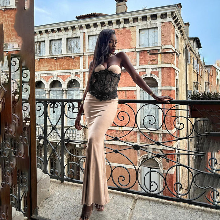 Damer elegant korsett maxi klänning med spetsöverdel Mirla-Eva Jonsson