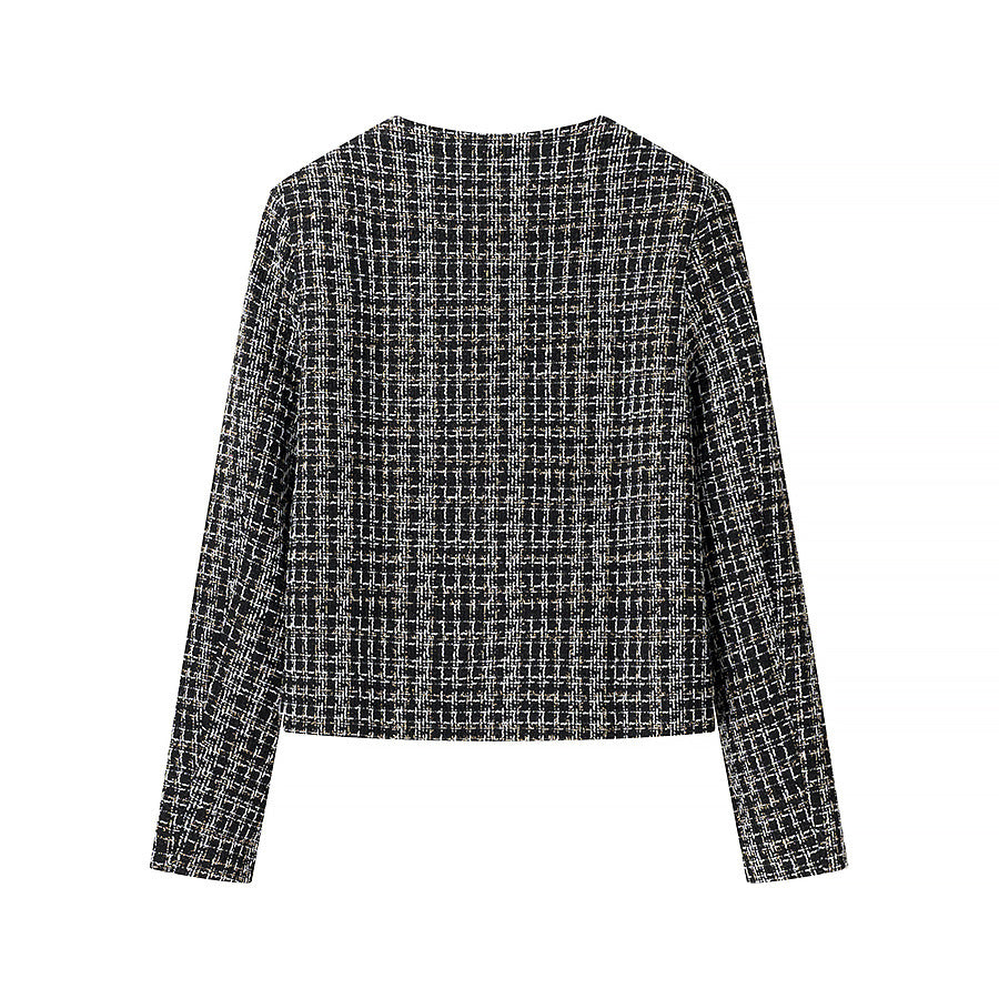 Damer elegant kort jacka i mode tweed-stil med gyllene knappr detaljer Eva Jonsson-Eva Jonsson