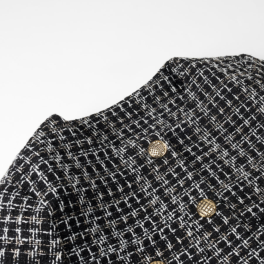 Damer elegant kort jacka i mode tweed-stil med gyllene knappr detaljer Eva Jonsson-Eva Jonsson