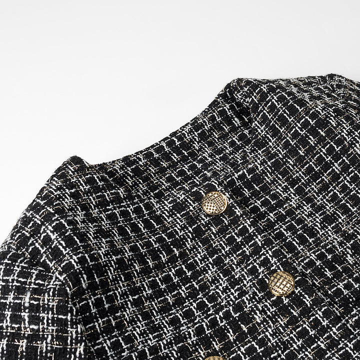 Damer elegant kort jacka i mode tweed-stil med gyllene knappr detaljer Eva Jonsson-Eva Jonsson