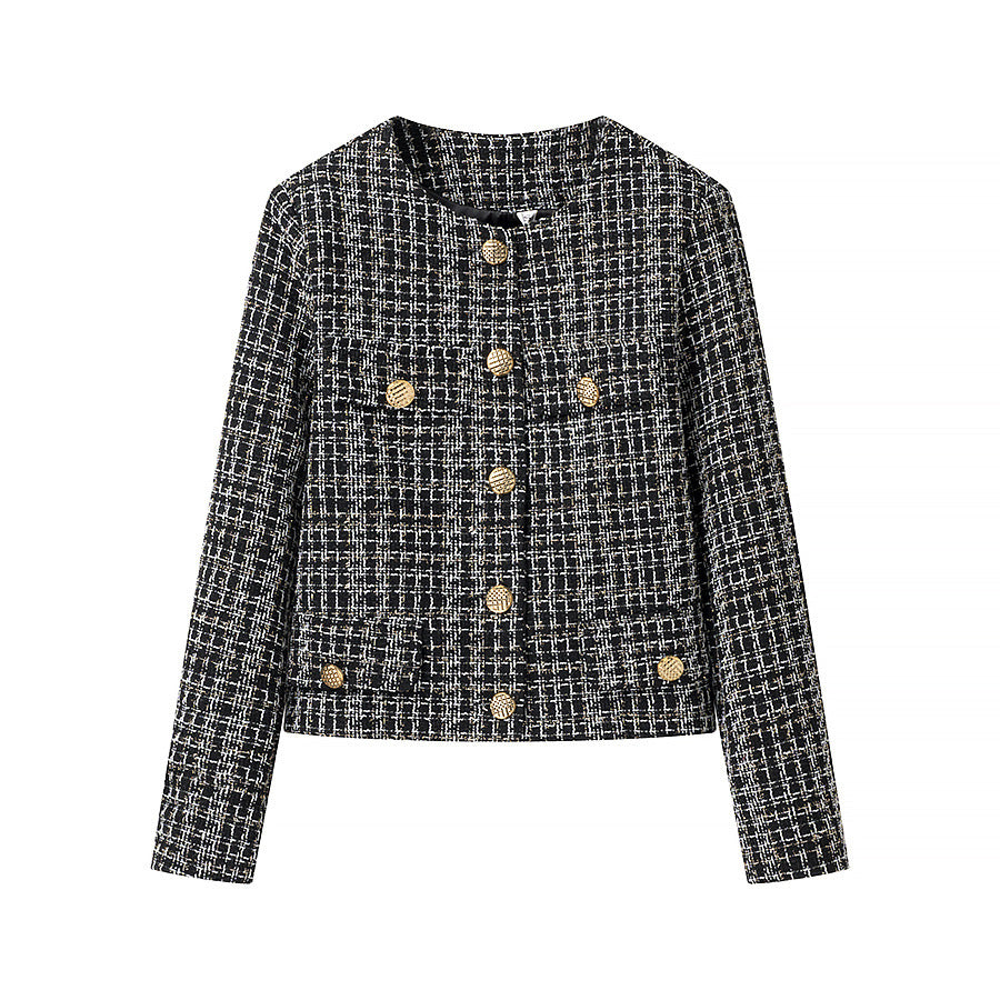 Damer elegant kort jacka i mode tweed-stil med gyllene knappr detaljer Eva Jonsson-Eva Jonsson